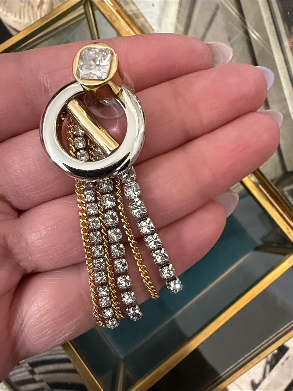 Two-Tone Crystal Tassel Drop Earrings — Gold & Silver - Picture 4 of 6